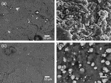 SEM images of silver-coated E-33: Samples H (a–b) and I (c–d).