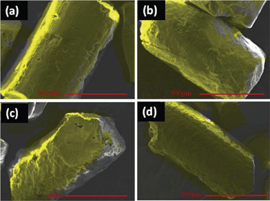 X-ray mapping images of Samples (a) J, (b) K, (c) L, and (d) M.