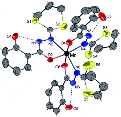 ORTEP view of the complex 2·CH2Cl2 with partial labelling scheme. The ellipsoids enclose 50% of the electronic density. The solvent CH2Cl2 was omitted for clarity. Selected distances (Å) and angles (°): Mn–N2 2.294(3), Mn–N4 2.088(4), Mn–N6 2.259(3), Mn–O2 1.922(3), Mn–O4 1.892(3), Mn–O6 1.894(3); O4–Mn–O6 177.3(2), O2–Mn–N4 167.3(1), N2–Mn–N6 161.5(1).