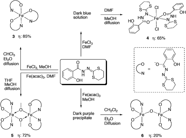 Synthetic methods for the iron complexes 3, 4, 5 and 6.