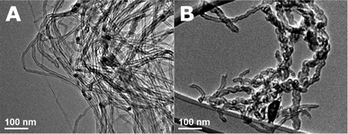 TEM: left: straight nanotubes grown from Fe3O4 nanoparticles. Right: bamboo and partly coiled nanotubes grown from CoO particles.