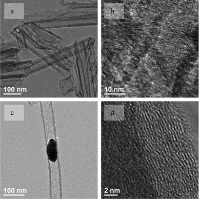 TEM images of collapsed LID-MWCNTs (a) and their amorphous carbon wall (b) after the removal of WO3 nanoparticles. TEM images of the rigid LID-MWCNT (c) and the ordered carbon wall (d) before the removal of WC nanoparticles.