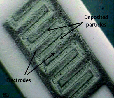 Optical microscopy image of the electrode configuration used by Heidari et al.79to deposit WO3 particles. Because space between the electrodes is only hundreds of μm, the particles have connected the electrodes together. Image reproduced from ref. 79 with permission of Springer.