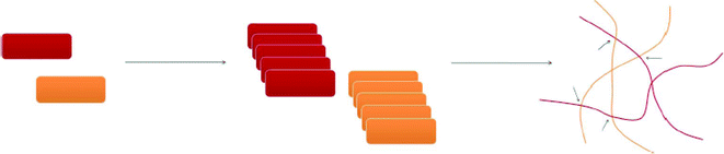 A schematic representation of a self-sorting assembly of oligothiophene (orange) and perylene (red) derivatives (19 and 64c, respectively) with p–n heterojunction nodes (black arrows).