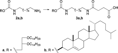 Synthesis of hydrophobic components based on cholesterol and 1,2-di-O-tetradecyl-rac-glycerol. Reagents and conditions: succinic anhydride, Et3N, DCM, 40 °C.