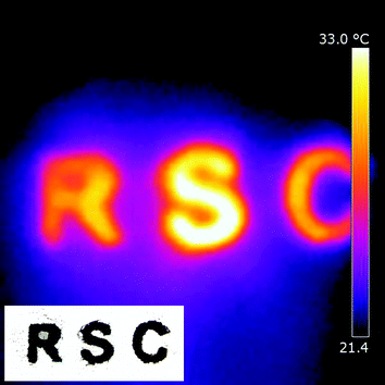 Thermographic image of a W18O49 sample on paper. The sample was irradiated by a 50 W halogen lamp for 10 seconds. Inset shows the initial shape of W18O49 powder on the paper.