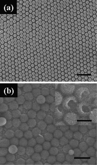 FESEM images of the non-close-packed PS monolayer template (a) and the hollow sphere array via electrodeposition on the non-close-packed template (b). The inset of (b) shows partly broken spheres. The scale bars are 5 μm in (a), 2 μm in (b) and 1 μm in the inset of (b).