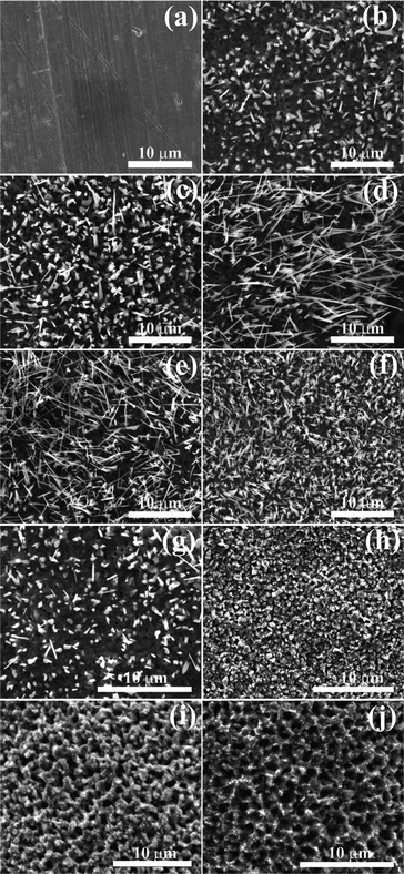 Morphologies obtained by heating Cu under different conditions in a two-step process, (a) Cu foil. CuO nanorods obtained at 550 °C for (b) 1 h, (c) 2 h, (d) 4 h, (e) 6 h. Porous Cu2O obtained from the CuO nanorod film (f) by heating at 600 °C for (g) 0.5 h, (h) 1 h, (i) 1.5 h, (j) 2 h.