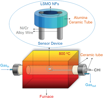 Schematic of the LSMO nanofibers-based sensor device (top) and the in situ high temperature gas sensing system (bottom).