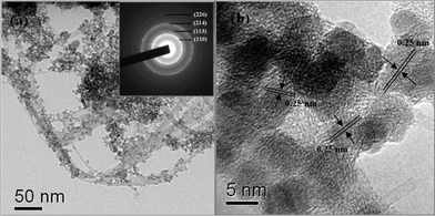 Transmission electron microscopy (TEM) and high-resolution TEM (HR-TEM) images, and a selected area electron diffraction (SAED) pattern of the Fe2O3/Fc@SWCNTs.