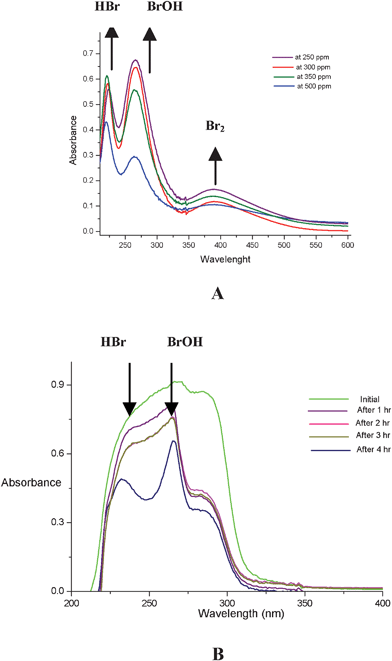 UV-Absorption spectra of BrOH (A) in absence and (B) in presence of organic substrate.