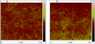 Atomic force microscope images of A: PCBM film coated using meniscus coating and B: PCBM film coated using spin coating.