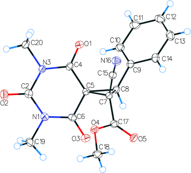 The overview of the 3q molecule by single-crystal X-ray diffraction. Atoms are represented by thermal displacement ellipsoids (p = 50%).