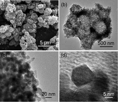 (a) SEM image, (b and c) TEM images, and (d) HRTEM image of the hollow Co3O4 nanospheres assembled by nanoplatelets.