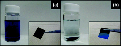 MB solutions (a) before and (b) after the treatment with the S-CNF fabric (D = 1.45 μm) for 150 h. Insets are the S-CNF fabrics (a) before and (b) after the treatment.