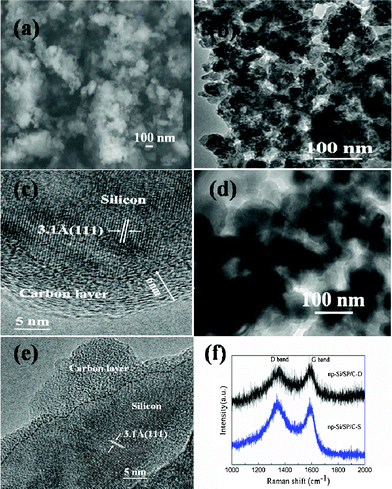 (a) SEM image of the np-Si/SP/C-D composite, (b, c) TEM images of the np-Si/SP/C-D composite, (d) TEM image of the nano-Si/SP/C-D composite, (e) TEM image of the np-Si/SP/C-S composite, and (f) Raman spectrum of the np-Si/SP/C-D composite and the np-Si/SP/C-S composite.