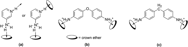 Probable binding modes between the studied guests with the crown ether hosts, (a) protonated 3-aminopyridine, (b) protonated DADPE and (c) protonated DADPM. The arrows indicate the direction of the H-bonding interactions.