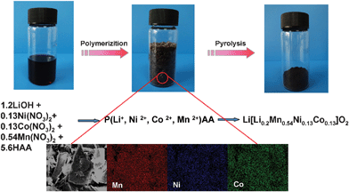 Schematic picture of the preparation process of the as-prepared Li[Li0.2Mn0.54Ni0.13Co0.13]O2 powders. Inset is EDS mapping of the copolymeric precursor.