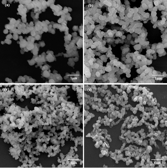 SEM images of biosilica-like structures produced by PLL1 under different external flow fields (a) under static conditions, (b) in the bubbling state, (c) at a low flow rate, and (d) at a high flow rate.