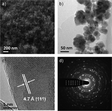 Representative SEM image of Co–Mn–Ga spinel (a), TEM image (b), HRTEM (c) and indexed ED (d).