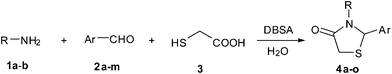 Synthesis of 4-thiazolidinones via one-pot three-component tandem reaction of primary amines, aryl aldehydes and thioglycolic acid.