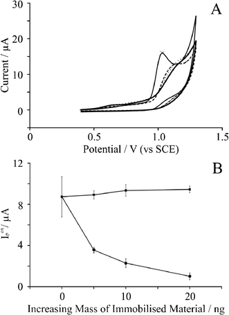 A: Cyclic voltammetric responses resulting from the electrochemical oxidation of 0.1 mM adenine in pH 7.2 PBS at (thin solid line) bare BPPG; (dashed line) BPPG modified with 5 ng surfactant-free graphene; (dotted line) BPPG modified with 10 ng surfactant-free graphene; and (thick solid line) BPPG modified with 20 ng surfactant-free graphene. All scan rates are 50 mV s−1. B: Observed voltammetric peak current as a function of the increasing amount of immobilised material for (squares) graphite modified BPPG and (circles) graphene modified BPPG. The error bars quoted are the standard deviations calculated (N = 5).