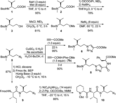 Synthesis of triazoltubuvaline 6 and azido tripeptide 10.