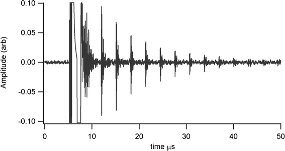 Undamped room temperature ultrasound response for screen printed BIT transducer on stainless steel shim, for thickness measurement of 9 mm thick stainless steel pipe.