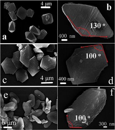 Scanning electron microscopy (SEM) images of as-prepared precursors (a, b: bipyramid; c, d: fusiform; e, f: plate).