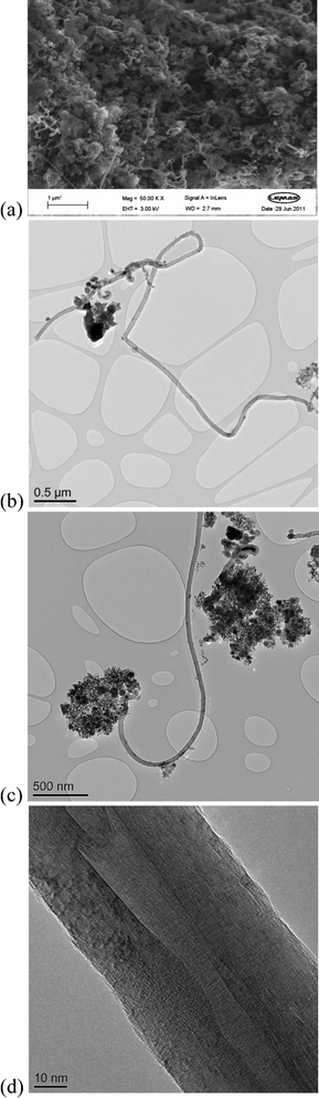 Morphology of the carbon nanotubes on the surface of the 20 wt.% Ni/Ca–Al (1 : 1) catalyst. (a) Scanning electron microscopy at a magnification of 50 000; CNTs were observed on the surface of the reacted catalyst; (b), (c) and (d) transmission electron microscopy.