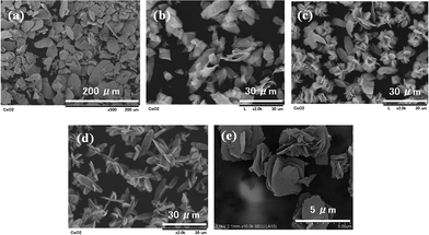 SEM images of the particles synthesized in 0.1 M Ce(NO3)3–0.3 M NaHCO3 mixed solution at 25 °C with (a) 0 vol.%, (b) 4 vol.%, (c) 6 vol.%, (d) 10 vol.%, and (e) 20 vol.% EG additives followed by calcination at 400 °C for 1 h.