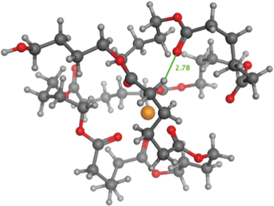 Representative structure for dibutanol terminated PBA structure 1-E1 (n = 4) with sodium cationization. Each atom has been color coded: (1) yellow = sodium ion, (2) red = oxygen atoms, (3) black = foreground carbon atoms, (4) large gray = background carbon atoms, and (5) small gray = hydrogen atoms. The green line shows the close approach of carbonyl and methylene groups (2.78 Å).