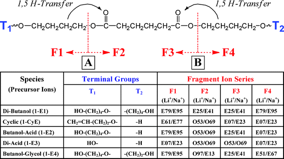 Major CID fragmentation reactions for poly(butylene adipate) oligomers. 1,5 Hydrogen transfer is the major reaction. Four fragments (F1–F4) are possible; the fragment series listed on the left are for lithium cationized oligomers, those on the right are for sodium cationization. The end groups (T1 and T2) determine the series.