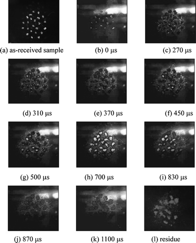 Selected high-speed photographic frames showing the responses of a small amount of individual HMX powders under a 20.0 cm-height impact. No serious mutual interactions exist among the particles and no visible burning sites are detected.