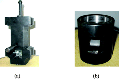 Photograph of modified (a) drop weight and (b) anvil base.