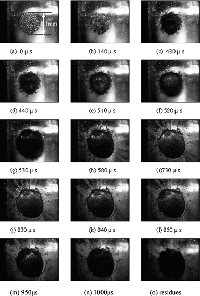 Selected high speed photographic frames showing responses of HMX particles with a mass of 30.0 mg under 20.0 cm-height impact.