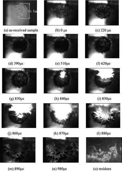 Selected high speed photographic frames showing responses of HMX particles with a mass of 50.0 mg under 20.0 cm-height impact.