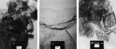 TEM micrographs of layered zinc (left), aluminium (middle) or calcium (right) manganese oxides (scale bar 50 nm).