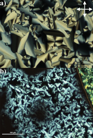(a) C12benzilamide and (b) C12esterNi complex observed by optical microscopy between crossed-polarizers at 105 and 115 °C, respectively (crossed-polarizers symbolized by the white cross in the corner of the picture).
