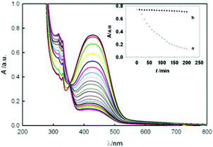 Change in the absorbance spectrum of MR with time, during the reaction of MR with H2O2 in the presence of CDs (pH = 10). Inset shows comparison of absorbance decay with time, in the (a) presence and (b) absence of CDs.