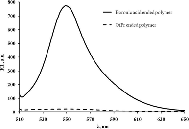 Fluorescence spectra of ARS-treated polymers in THF after MeOH precipitation: boronic acid-terminate (solid line) and OiPr-terminate (dashed line) (recorded from a solution of 20 mg of ARS-coupled materials in 2 mL of THF, λex = 495 nm).