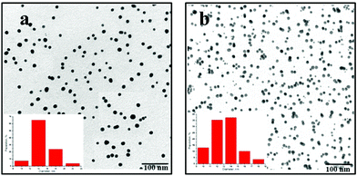 TEM micrographs and size distribution histograms of a) Au–thymidine (d = 13 nm) and b) Au–thymine (d = 11 nm).