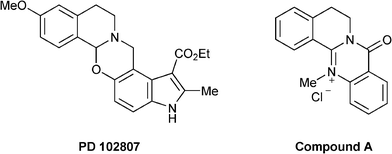 Examples of biologically important molecules containing isoquino[2,1-a][3,1]oxazine and isoquino[2,1-a]pyrimidine motifs.