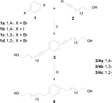 
          Reagents and conditions: (i) PdCl2(PPh3)2, TBAF·3H2O, 1 h, 80 °C (43–63%); (ii) H2, Pd(OH)2/C (20%), heptane/ethyl acetate/ethanol, 10 atm, 18 h, rt (90–95%).