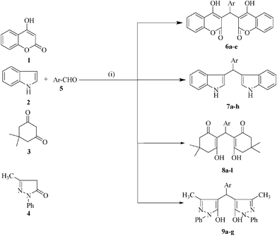 Reagents and conditions: (i) PdNPs, water, refluxed, 0.3–1.3 h.