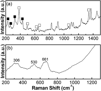 Raman spectra of (a) as-grown FLS particles and (b) N2-annealed FLS particles (■ = α-FeOOH, □ = α-Fe2O3).