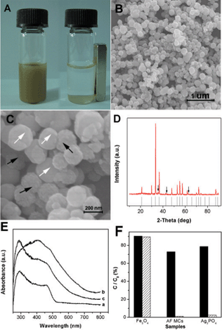 Photographs (A) of the AF MCs in sunlight, which were easily dispersed in water (left) and also could be drawn from the solution to the sidewall of the vial by an external magnet (right). SEM images (B and C) of the AF MCs at different magnifications. The white and black arrows in (C) indicate the Ag3PO4 and Fe3O4 nanospheres, respectively. XRD patterns (D) of the AF MCs and the standard Ag3PO4. The arrows indicate the Fe3O4 peaks. Ultraviolet-visible diffusive reflectance spectra (E) of the Ag3PO4 sub-micrometre particles (a), Fe3O4 nanospheres (b) and AF MCs (c). (F) The results on the adsorption ability (solid column) and photocatalytic activity (sparse column) of different samples under identical conditions.