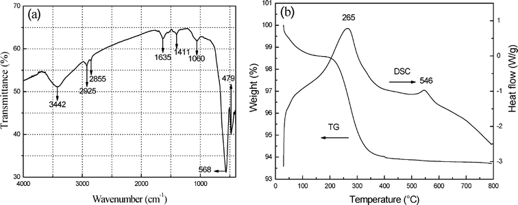 (a) FTIR spectrum, (b) TG-DSC curves of the as-obtained samples for 8 h.