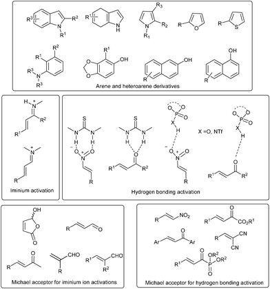 Arenes/heteroarenes, Michael acceptors and their mode of activation.