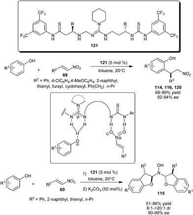 Chiral guanidine/bis-thiourea catalyzed enantioselective 1,4- conjugate addition reaction of phenols with nitroalkenes.